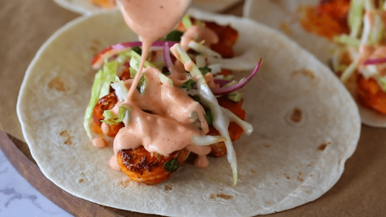 Spicy Shrimp Tacos with Creamy Sriracha Sauce & Cilantro Lime Slaw