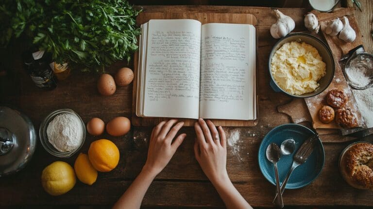 A pair of hands resting on an open handwritten cookbook, surrounded by fresh ingredients like eggs, lemons, garlic, and flour on a rustic wooden table