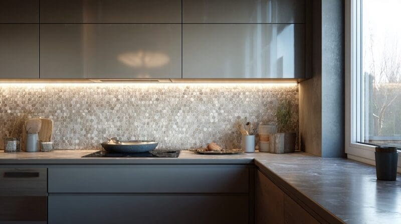 Kitchen backsplash with small mosaic stone tiles and modern cabinets