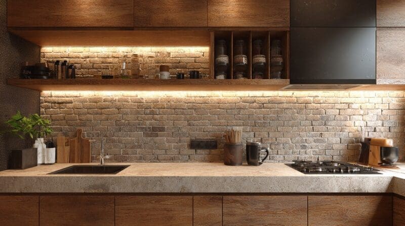 Kitchen wall with exposed thin bricks and warm lighting