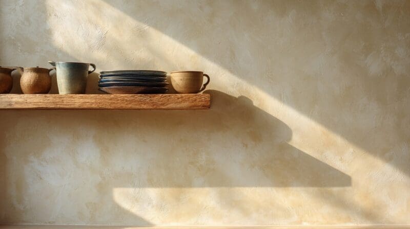 Rustic plaster wall with wooden shelf and ceramic dishes