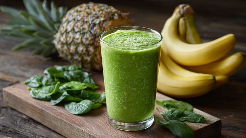 A glass of pineapple banana spinach smoothie on a wooden board with fresh spinach, bananas, and a whole pineapple
