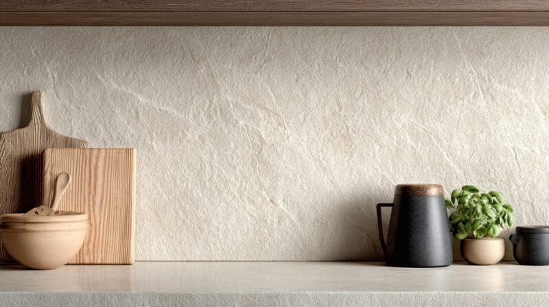 Textured stone backsplash with wooden boards and kitchen accessories