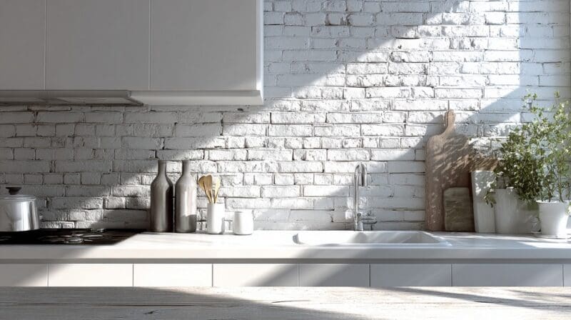 White painted brick wall in a minimalist kitchen