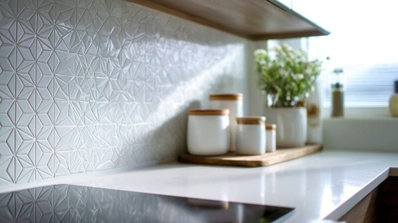 Modern kitchen backsplash with geometric patterned tiles