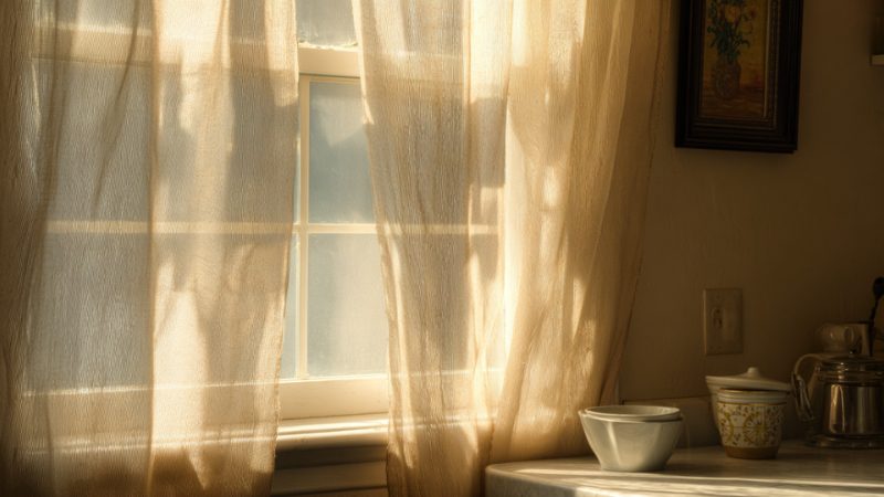 Sheer beige curtains let soft light into a cozy small kitchen corner